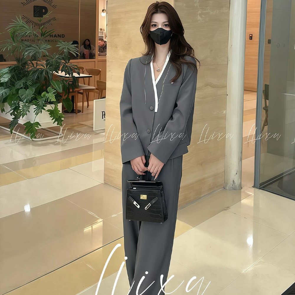 여성 봄가을 출근룩 브이넥 정장바지세트 결혼식 하객룩 정장 와이드팬츠 투피스세트 - 상세 이미지 2