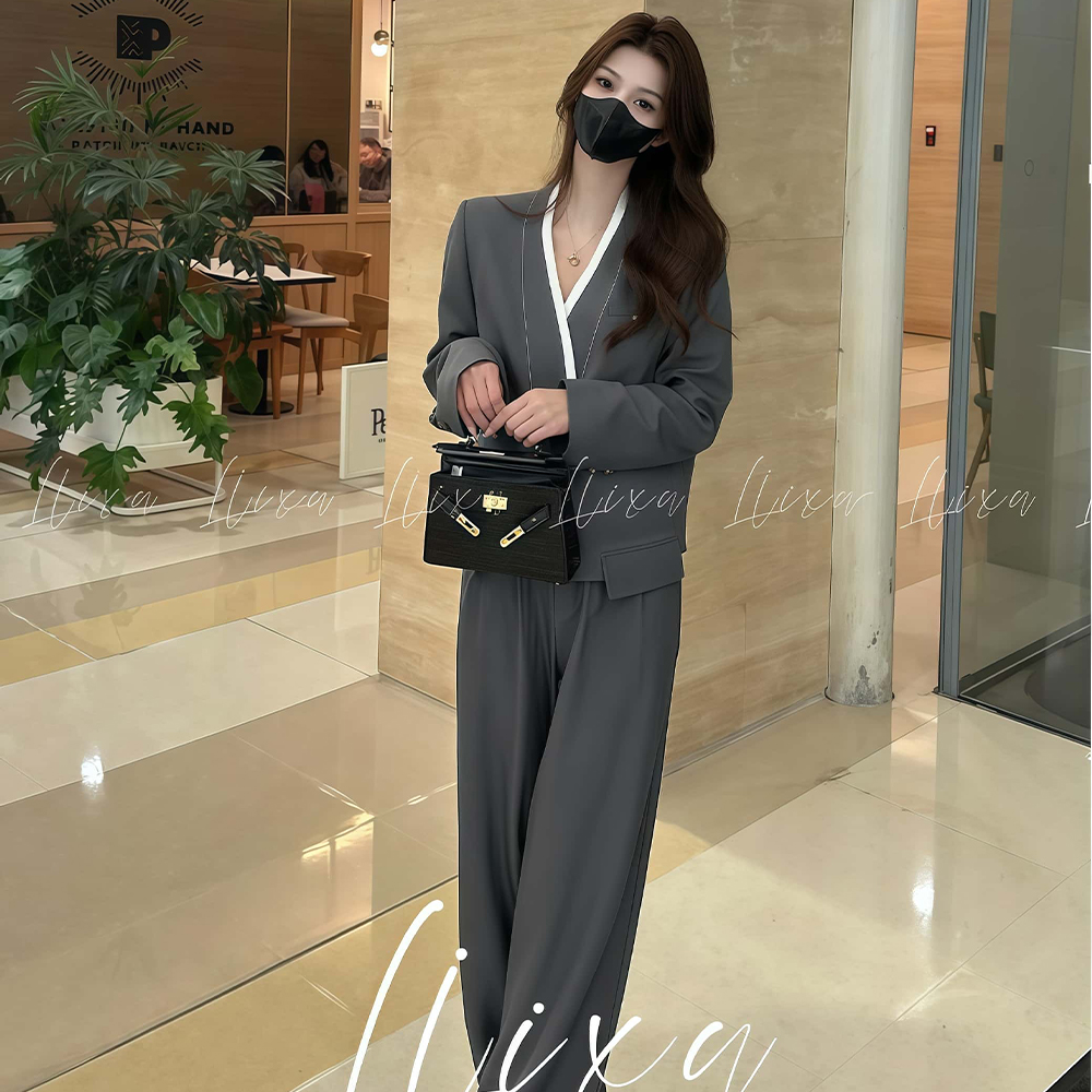 여성 봄가을 출근룩 브이넥 정장바지세트 결혼식 하객룩 정장 와이드팬츠 투피스세트 - 상세 이미지 3