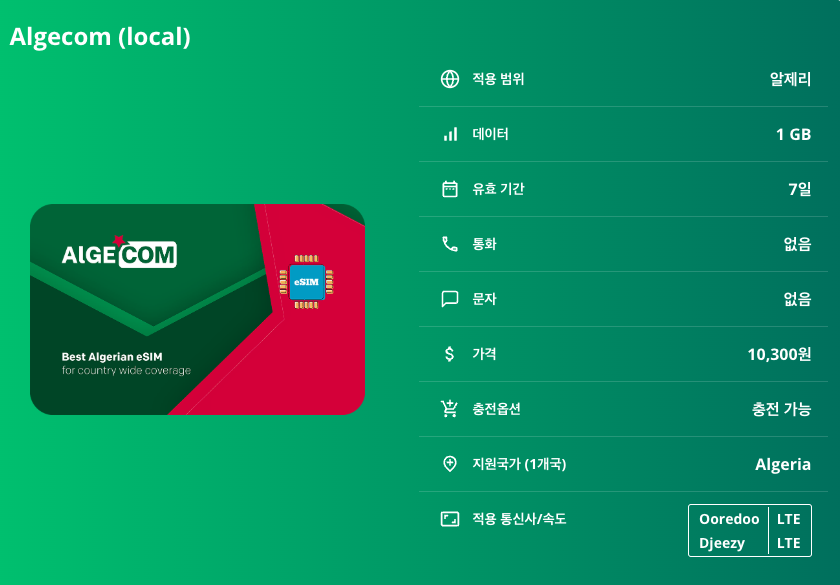 알제리 로컬망 이심 eSIM Ooredoo Djeezy LTE 알제 오랑 콘스탄틴 가르다이아 티파사 사하라 가르다이아 티파사 아타쿠르 이심통 이미지 6