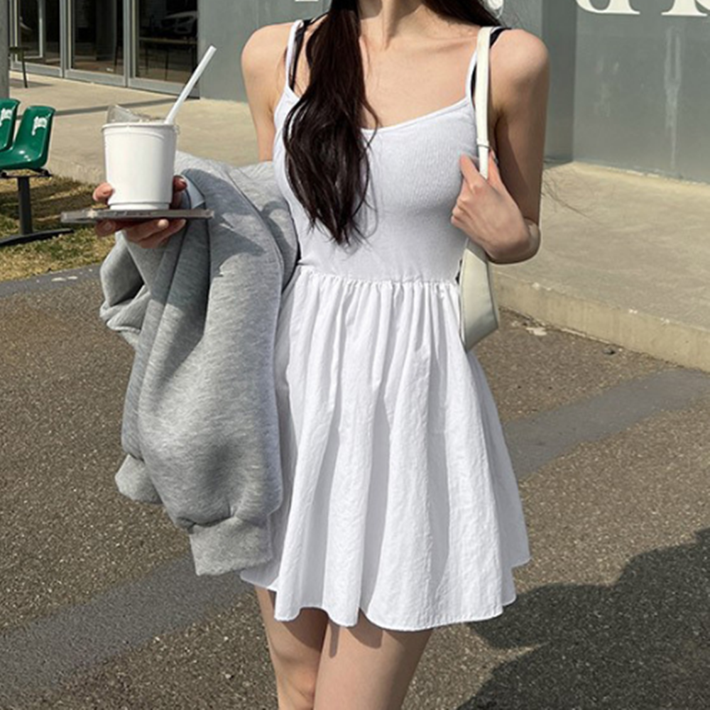레이어드 나시 원피스 뷔스티에 화이트 블랙 미니 끈나시 민소매 - 상세 이미지 2