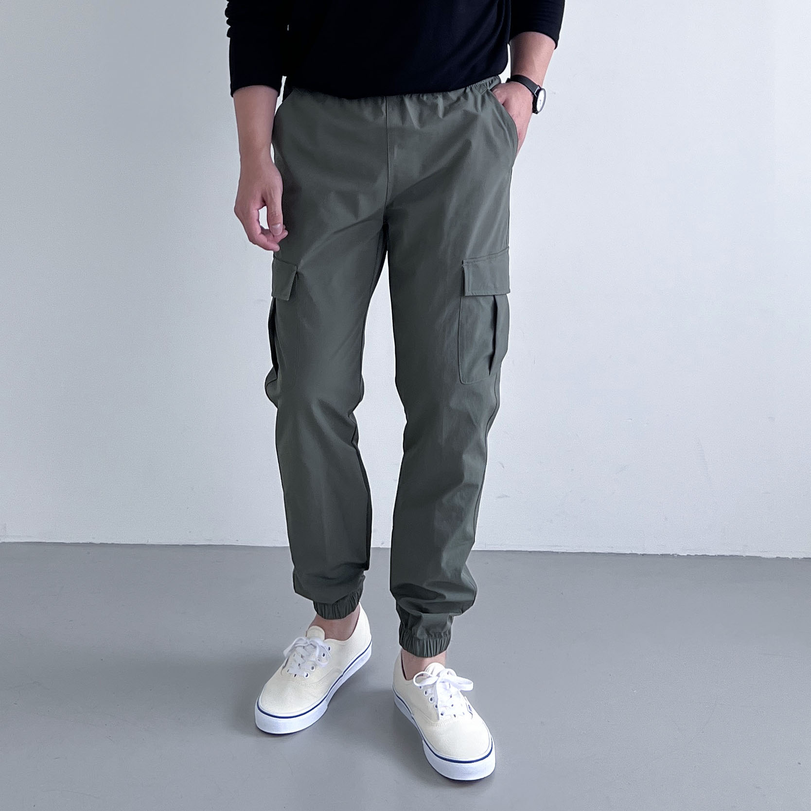 남자 테이퍼드핏 카고조거팬츠 고프코어 카고바지 밴딩 면 스판 빅사이즈 봄 가을 - 상세 이미지 2