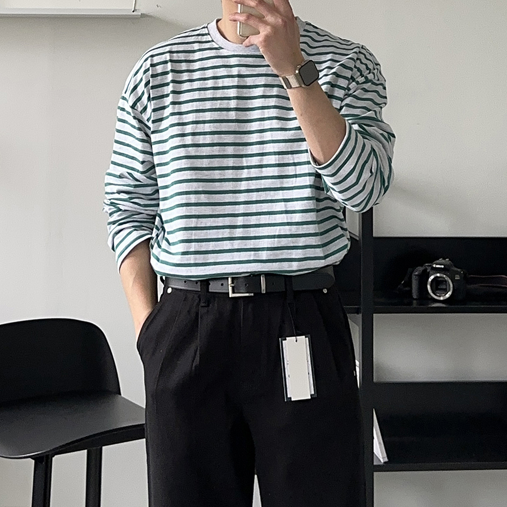 남자 긴팔티 오버핏 단가라 스트라이프 티셔츠 - 상품 이미지