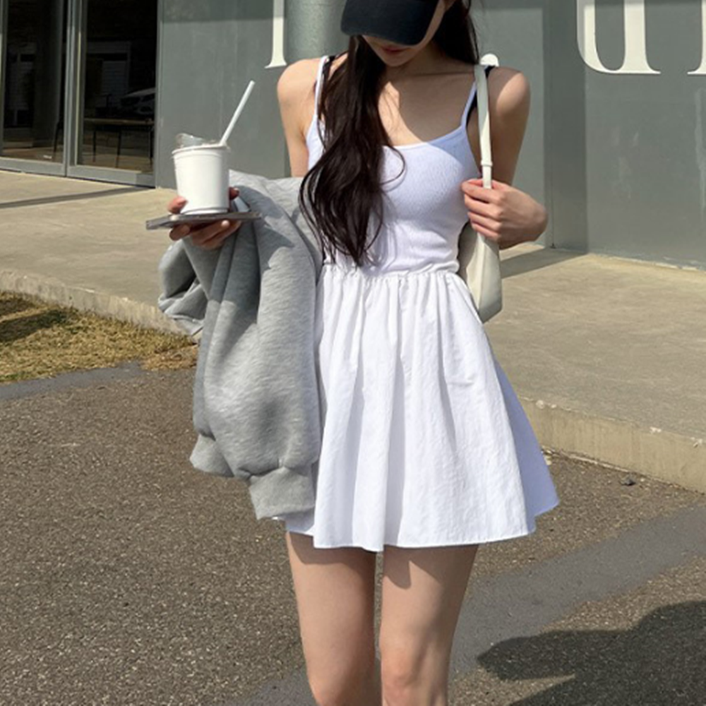 레이어드 나시 원피스 뷔스티에 화이트 블랙 미니 끈나시 민소매 - 상품 이미지