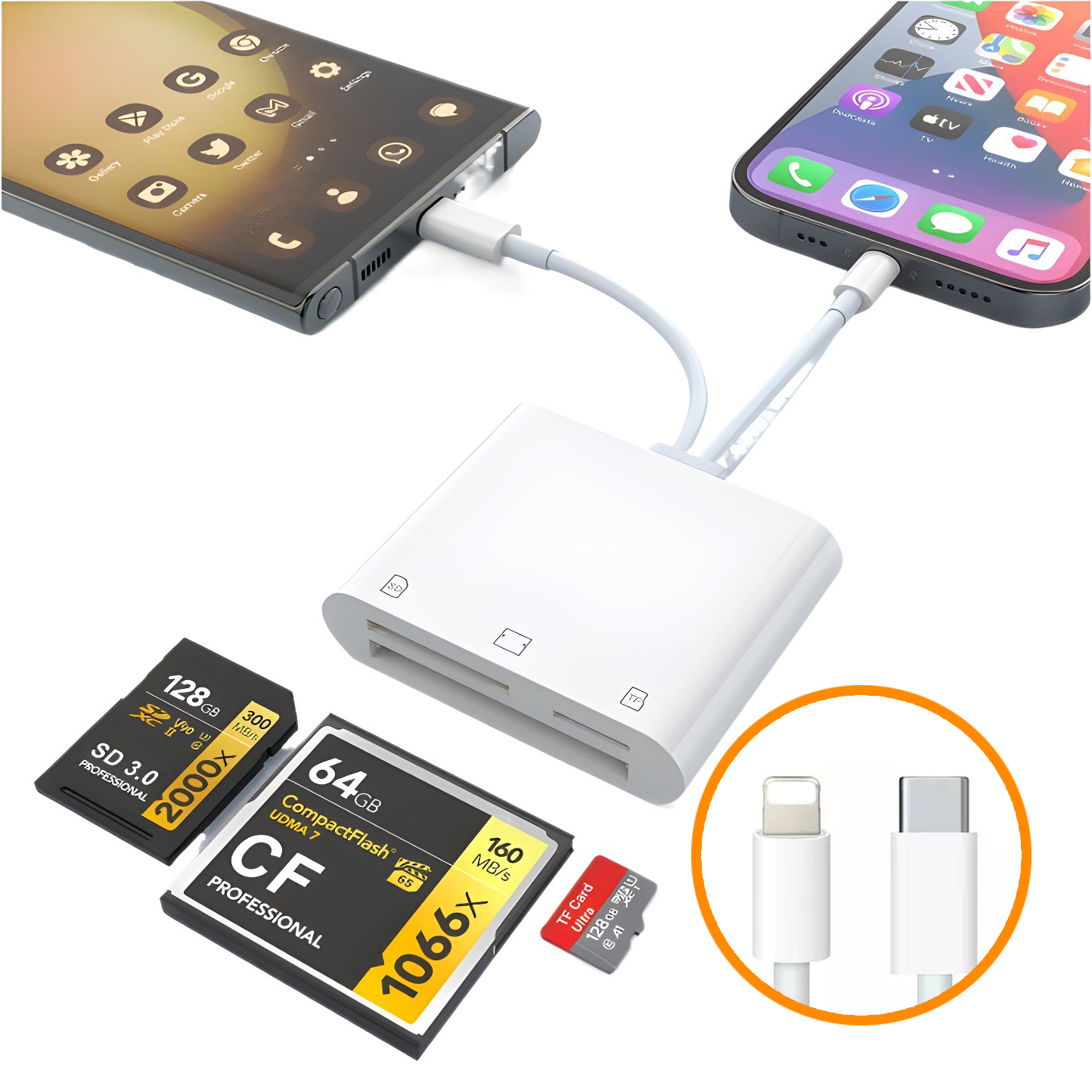C타입+라이트닝 3in1 CF카드 리더기 SD MicroSD 8핀 아이폰 갤럭시 TF카드 - 상품 이미지