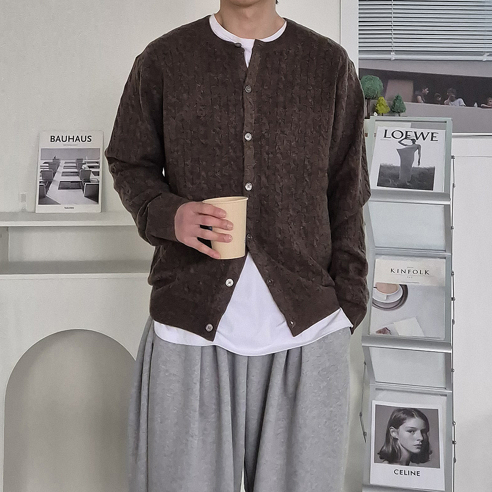 남자 가디건 오버핏 케이블 캐시미어 꽈배기 가디건