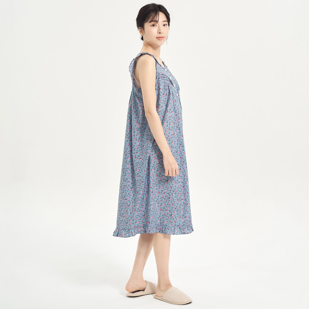 진한블루꽃 순면 여성 나시 빅사이즈 원피스 잠옷 - 상세 이미지 4