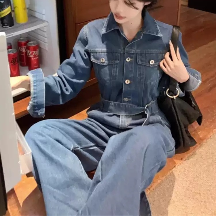 데님 심플 점프수트 와이드팬츠 작업복 스타일 하이웨스트 블루 - 상세 이미지 4