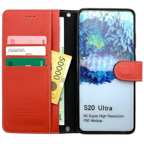 천연 소가죽 지갑 다이어리 카드 수납 스트랩 케이스 레드, 갤럭시S21 - 상세 이미지 2