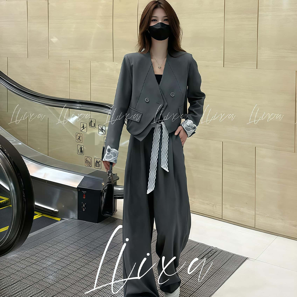 봄신상 여성 정장 바지 쓰리피스 크롭 슬림핏 정장자켓 끈나시 와이드팬츠 3종세트 - 상세 이미지 2
