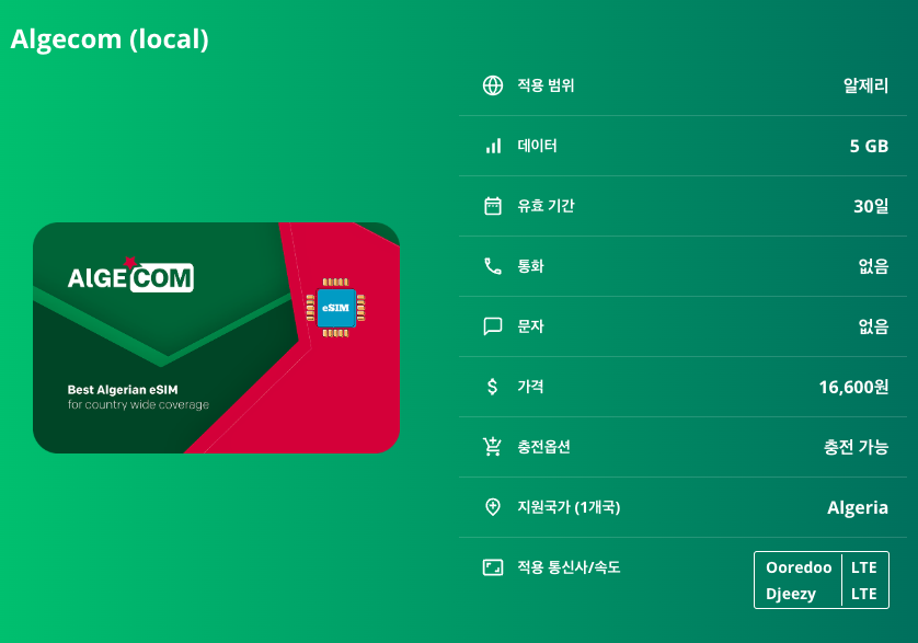 알제리 로컬망 이심 eSIM Ooredoo Djeezy LTE 알제 오랑 콘스탄틴 가르다이아 티파사 사하라 가르다이아 티파사 아타쿠르 이심통 이미지 8
