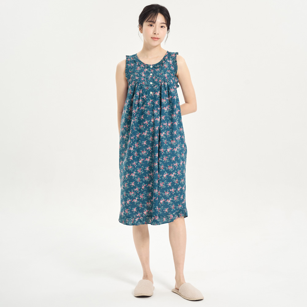 진한그린꽃 순면 여성 나시 빅사이즈 원피스 잠옷 - 상세 이미지 2