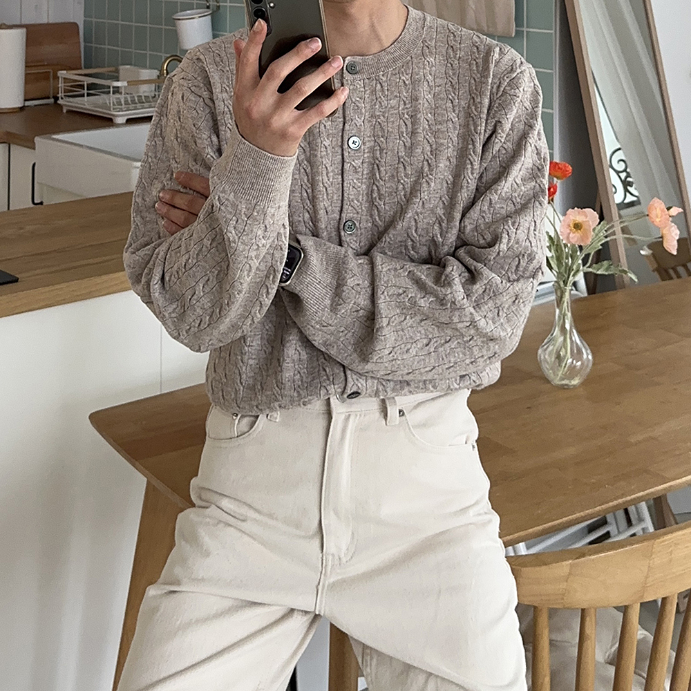 남자 가디건 오버핏 라운드 케이블 꽈베기 가디건 - 상품 이미지