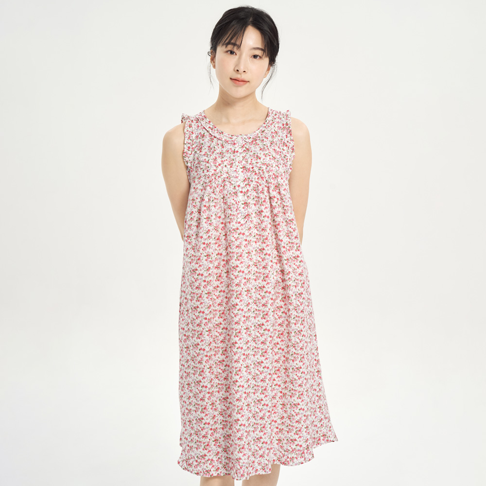빨간잔꽃 순면 여성 나시 빅사이즈 원피스 잠옷 - 상세 이미지 2