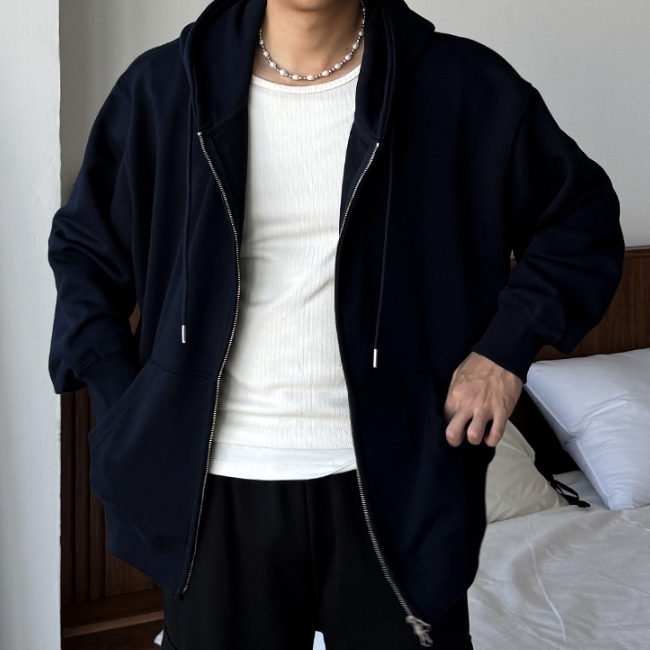 남자 타비 오버핏 봄 가을 쭈리 면 무지 후드 집업