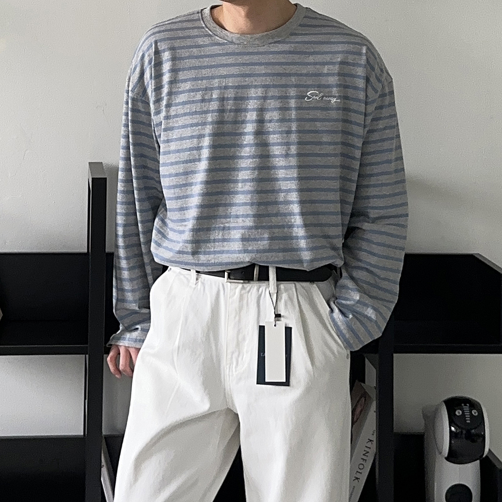 남자 긴팔티 오버핏 단가라 스트라이프 티셔츠 - 상세 이미지 3