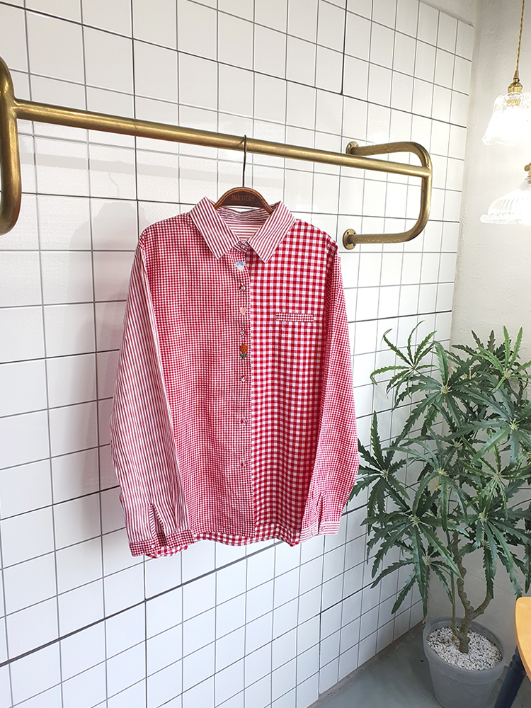 체크 믹스 면 남방셔츠