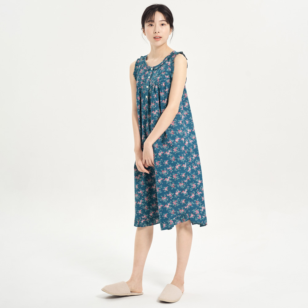 진한그린꽃 순면 여성 나시 빅사이즈 원피스 잠옷 - 상세 이미지 4