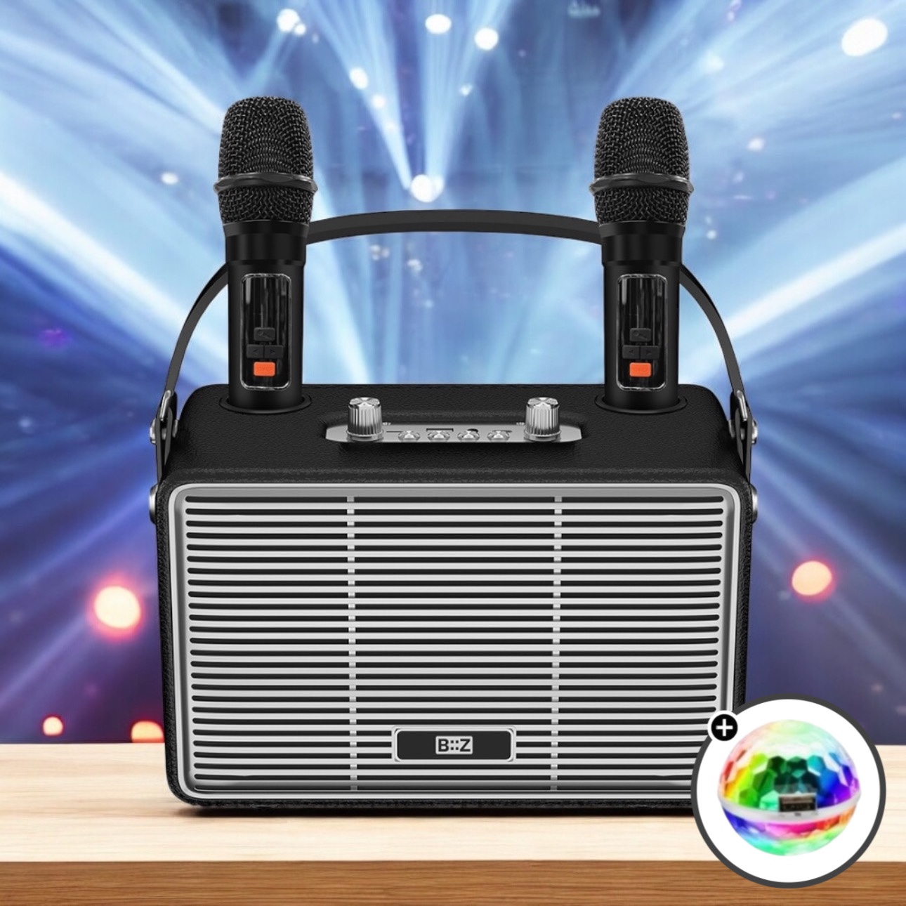 우퍼 블루투스 마이크 노래방 듀얼마이크 명품 LED 미러볼 홈파티 차박 캠핑용