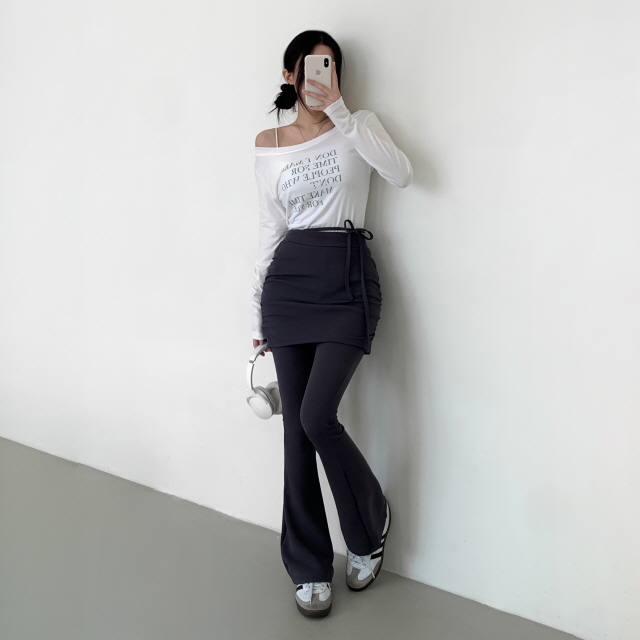 [레이어드!/일체형] 라미 옆셔링 스커트 허리밴딩 레깅스 팬츠 스판 리본 부츠컷 치마 바지 상세 이미지 3