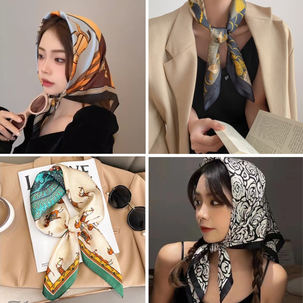 프렌치 사각 롱 스카프 70x70cm 봄 가을 예쁜 패턴 실크스카프 간절기 선물 - 메인 이미지