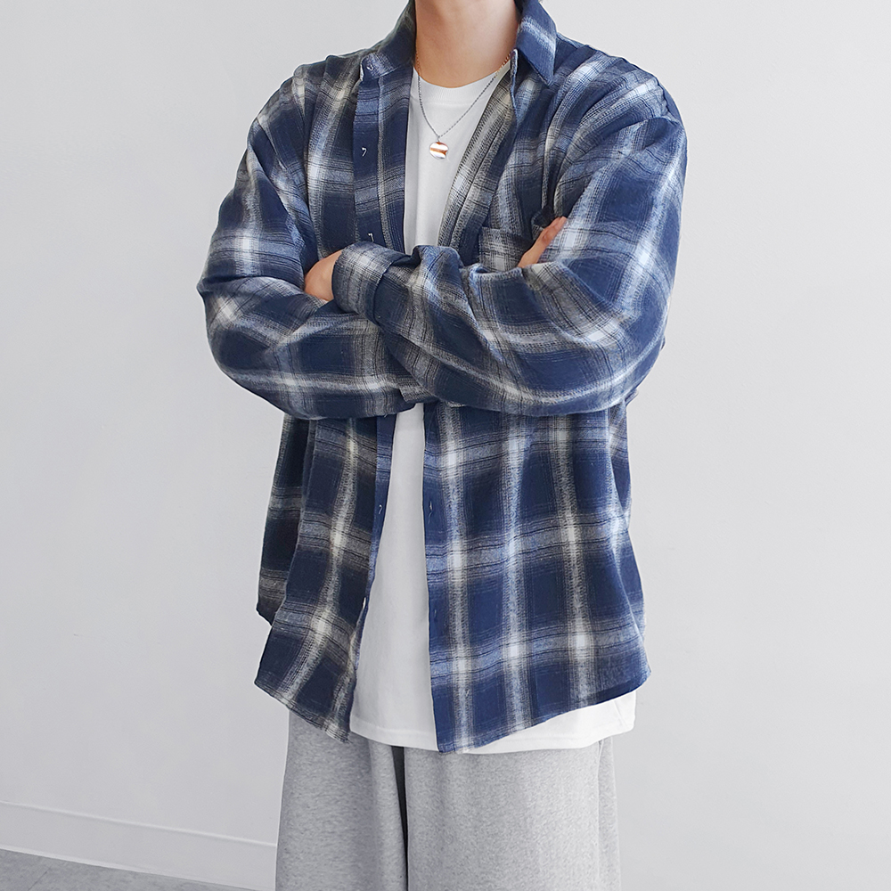 남자 오버핏 타탄 체크 셔츠 캐주얼 봄 가을 레이어드 남방 - 상세 이미지 5