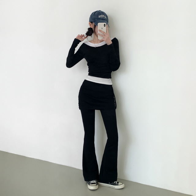 [레이어드!/일체형] 라미 옆셔링 스커트 허리밴딩 레깅스 팬츠 스판 리본 부츠컷 치마 바지 상세 이미지 17