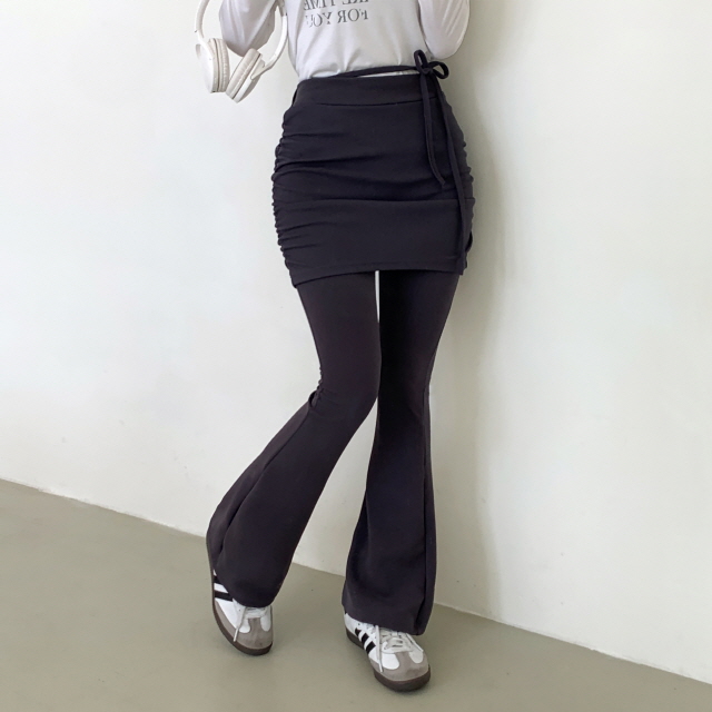 [레이어드!/일체형] 라미 옆셔링 스커트 허리밴딩 레깅스 팬츠 스판 리본 부츠컷 치마 바지 상세 이미지 5