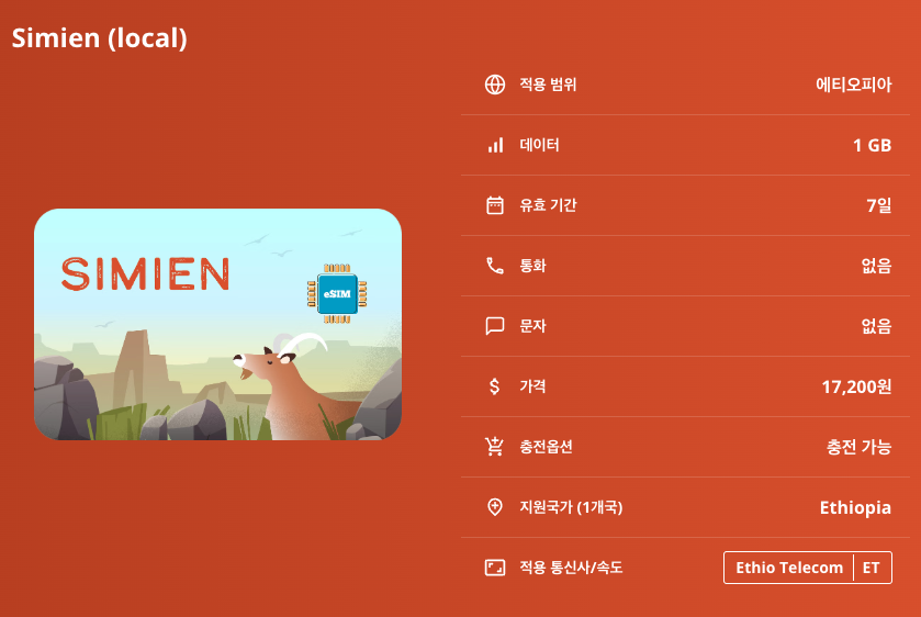 에티오피아 로컬망 이심 eSIM Ethio Telecom 아디스아바바 라리벨라 곤다르 악숨 바하르다르 다나킬 시미엔 오모 이심통 - 상세 이미지 5