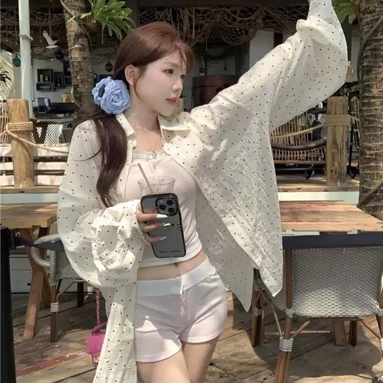 여성 캐주얼 루즈핏 뒷트임 화이트 땡땡이 셔츠 화이트 S - 상세 이미지 2