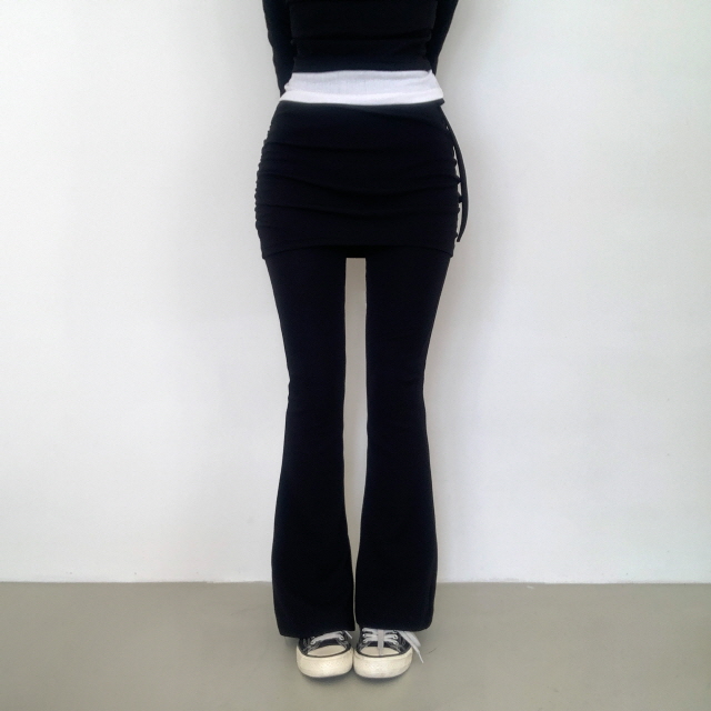 [레이어드!/일체형] 라미 옆셔링 스커트 허리밴딩 레깅스 팬츠 스판 리본 부츠컷 치마 바지 상세 이미지 15