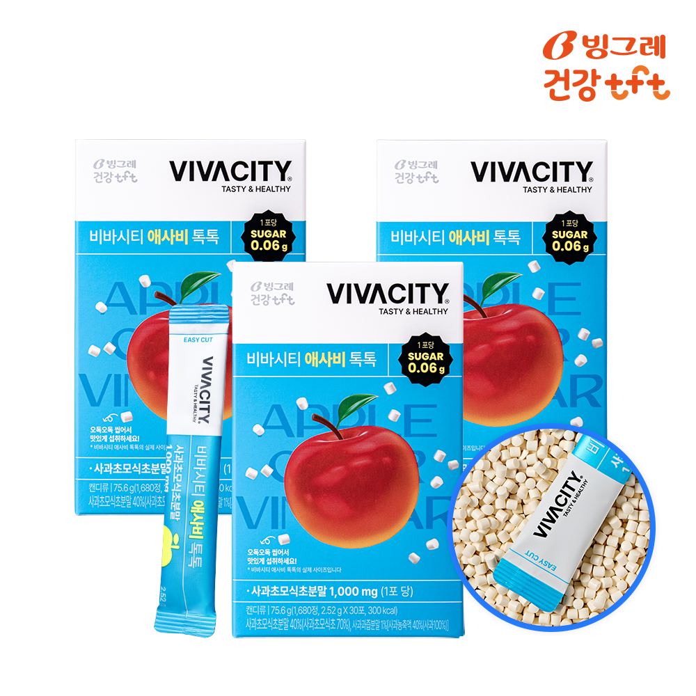 빙그레 비바시티 애사비톡톡 씹어먹는 사과식초 30포, 3개 제품 이미지