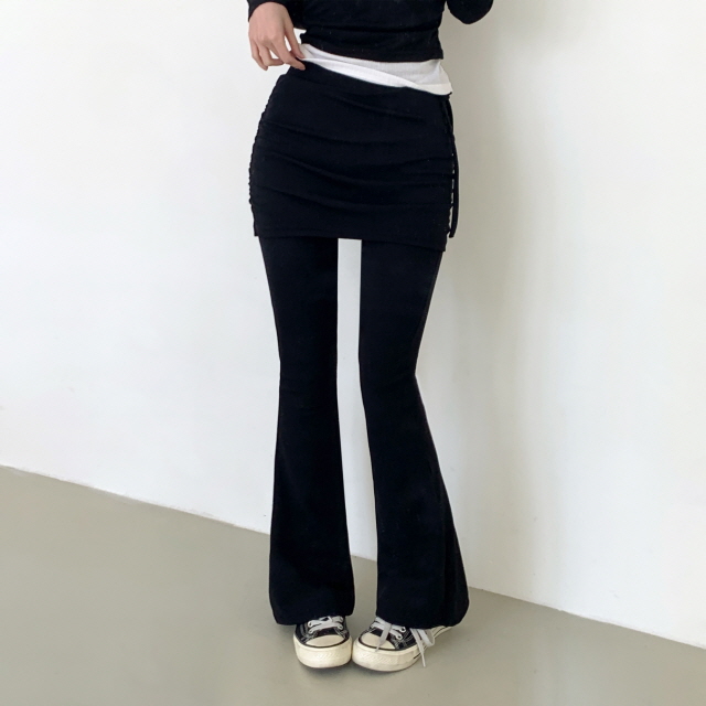 [레이어드!/일체형] 라미 옆셔링 스커트 허리밴딩 레깅스 팬츠 스판 리본 부츠컷 치마 바지 상세 이미지 18