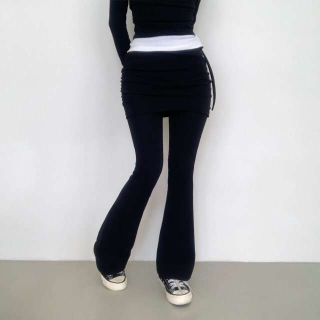 [레이어드!/일체형] 라미 옆셔링 스커트 허리밴딩 레깅스 팬츠 스판 리본 부츠컷 치마 바지 상세 이미지 16