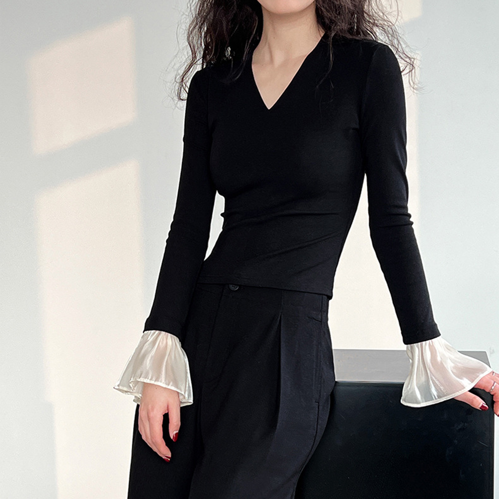 니트티셔츠 슬림핏 여성 V넥 봄 슬리브 실링 블랙 - 상세 이미지 4