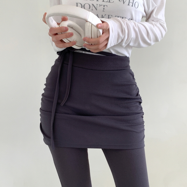 [레이어드!/일체형] 라미 옆셔링 스커트 허리밴딩 레깅스 팬츠 스판 리본 부츠컷 치마 바지 상세 이미지 1
