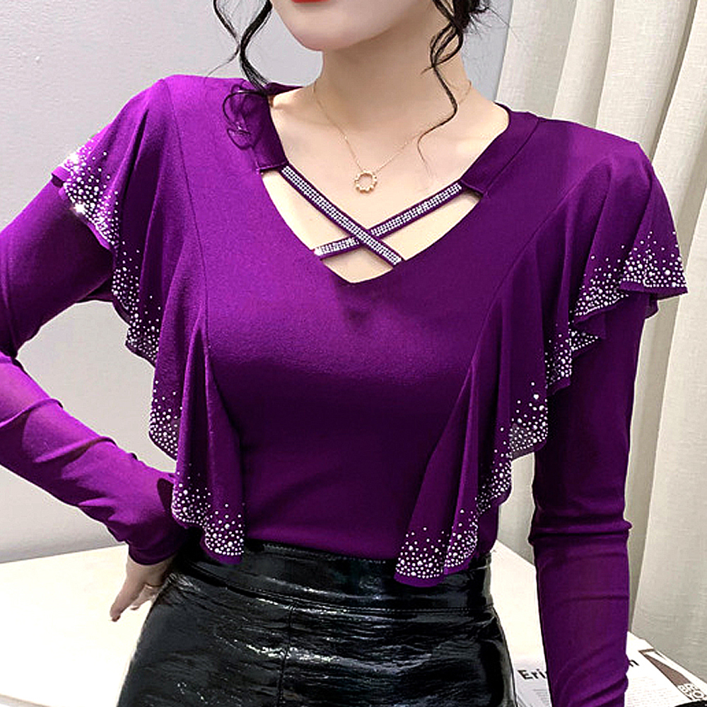 모네르 여성 라인댄스 상의 브이넥큐빅러플탑 라인 줌바 댄스복 - 상세 이미지 2