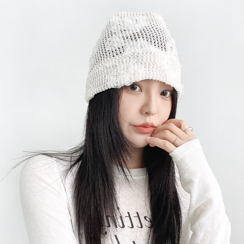 루 시어 꽃 플라워 메쉬 니트 비니 여성 봄 여름 버킷햇 두건