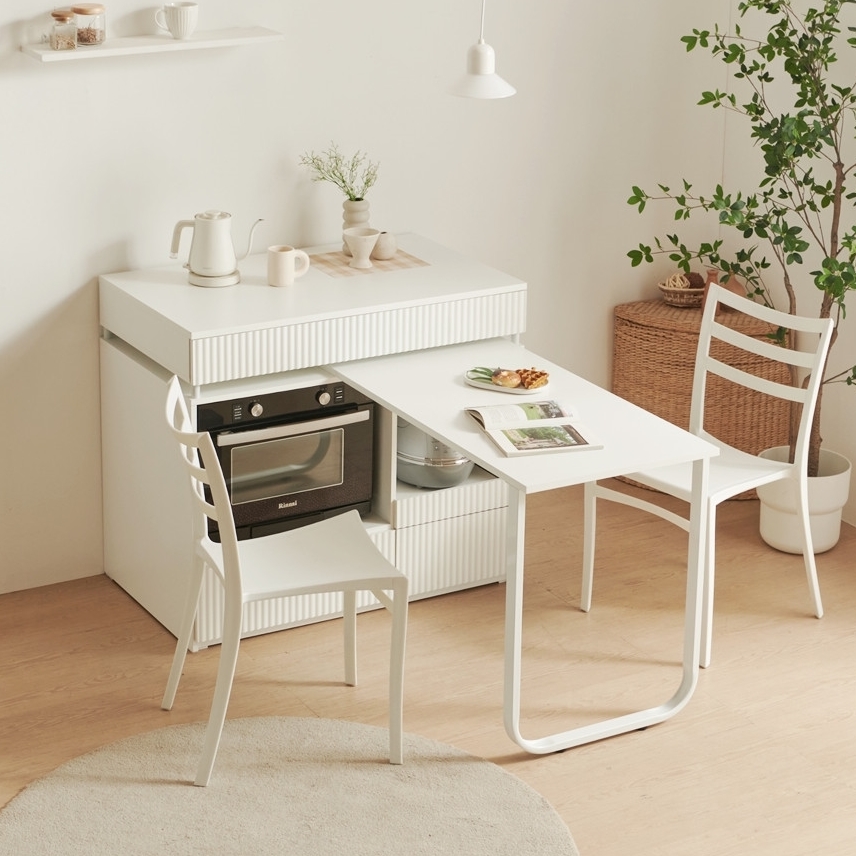 폴키친 ㄱ자 아일랜드식탁확장 연장 슬라이딩 식탁 광파오븐 렌지대 1000mm, 화이트