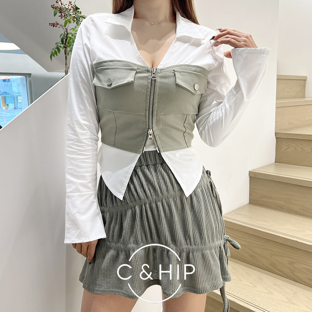 시다 집업 뷔스티에 레이어드 탑 크롭 와이드소매 셔츠 (카키/블랙) - 상품 이미지