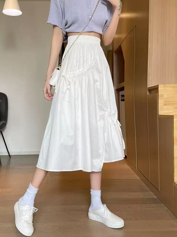 언발란스 리본스트링 A라인롱스커트 밴딩 순면 유니크디자인 청순 봄여름 여친룩 화이트 블랙 - 상세 이미지 3