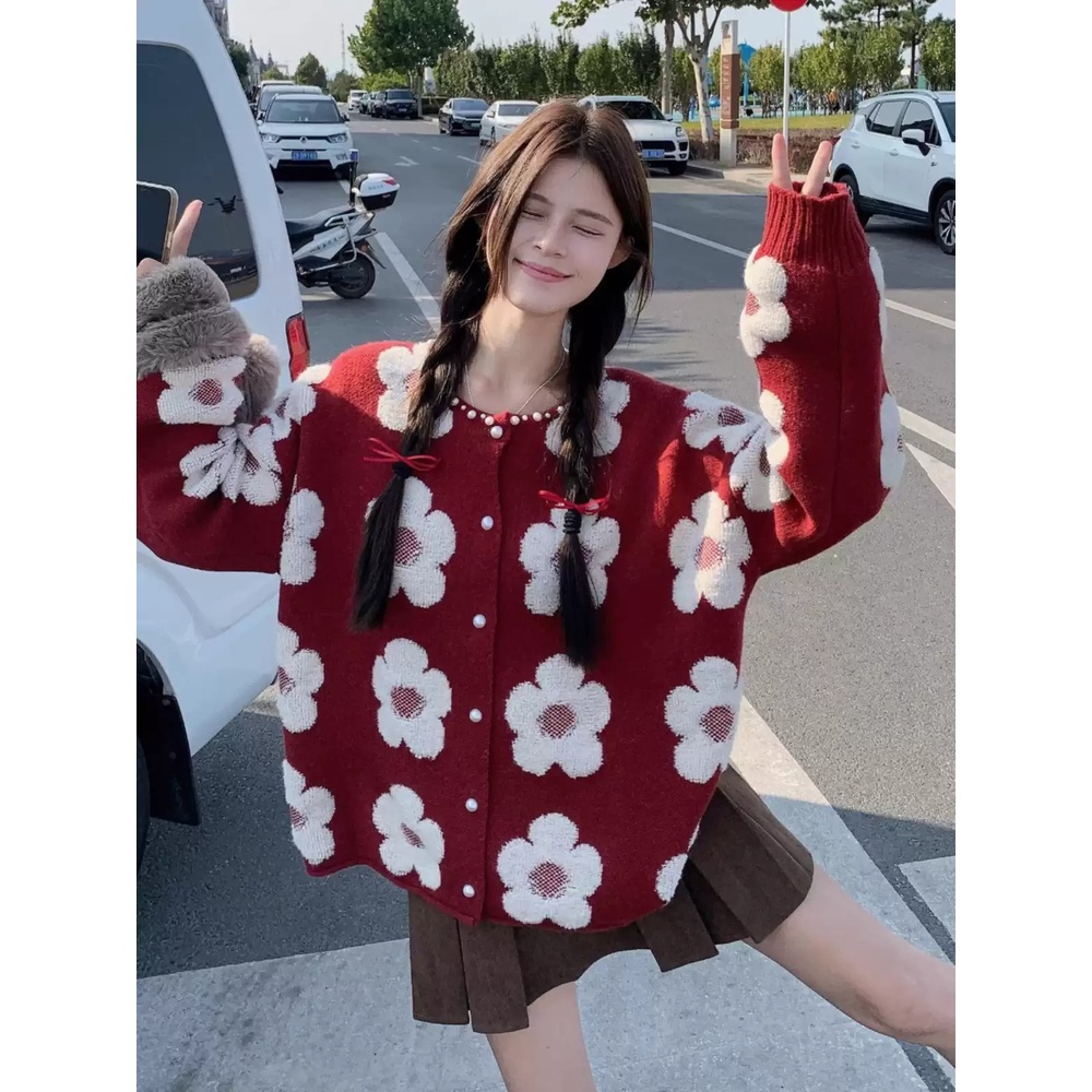 꽃패턴 연보라색 가디건 라운드넥 진주단추 빈티지 레트로 할머니 화사한 스타일 3컬러 - 상세 이미지 5