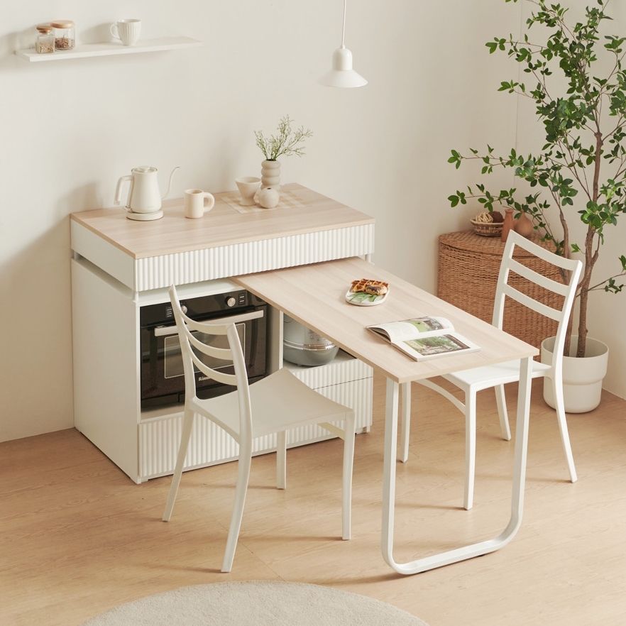 폴키친 ㄱ자 아일랜드식탁확장 연장 슬라이딩 식탁 광파오븐 렌지대 1000mm, 내추럴