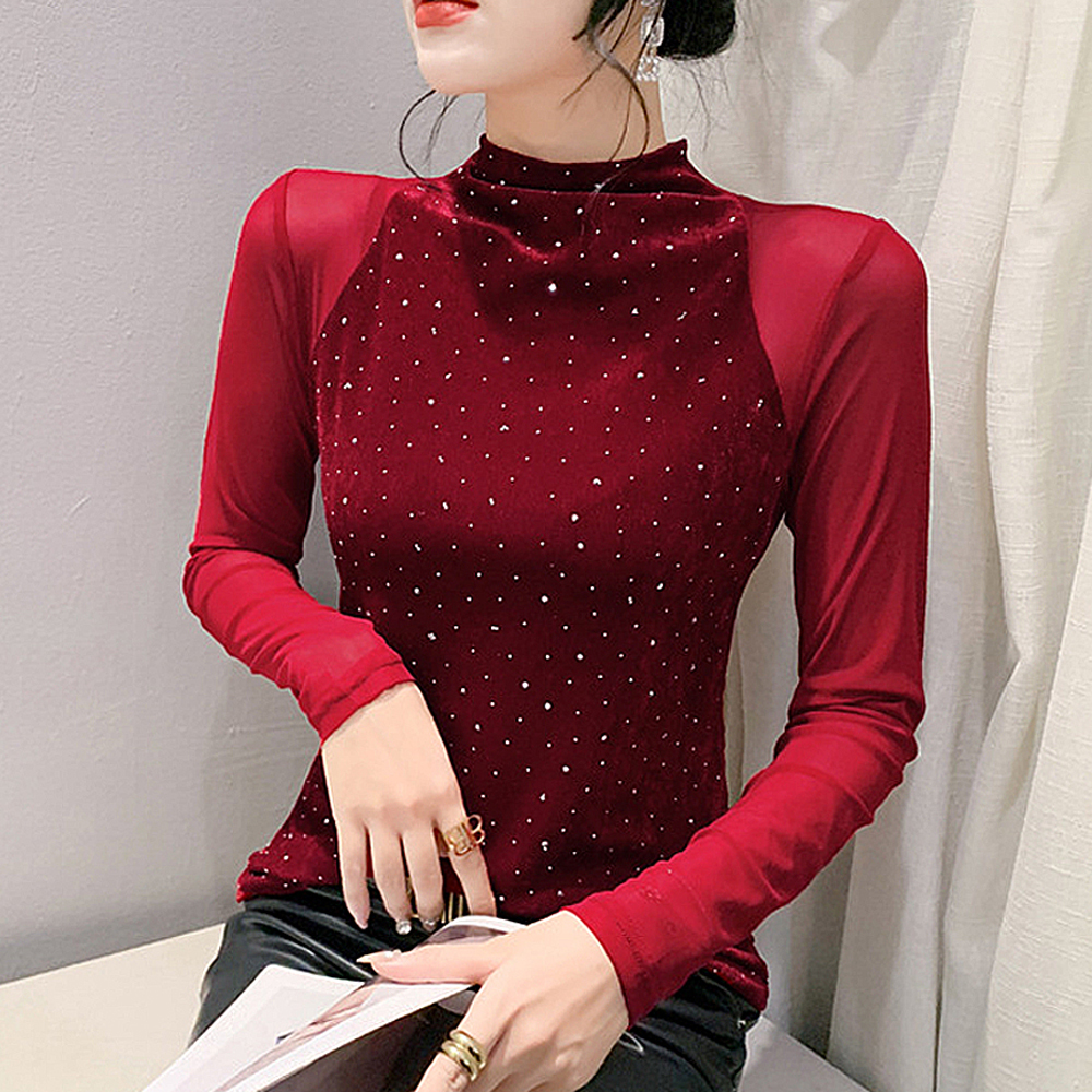 모네르 라인댄스상의 옷 벨벳하프넥 시스루탑 라인 라틴 댄스복 - 상품 이미지