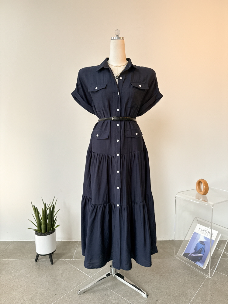 포켓 카라 롤업 반팔 캉캉 벨트 봄 여름 롱원피스