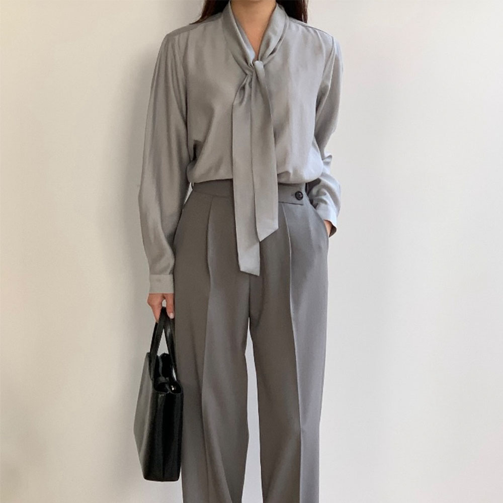 타이블라우스 결혼식 새틴 글로시 스카프블라우스 아이보리, FREE(One size) 이미지 8