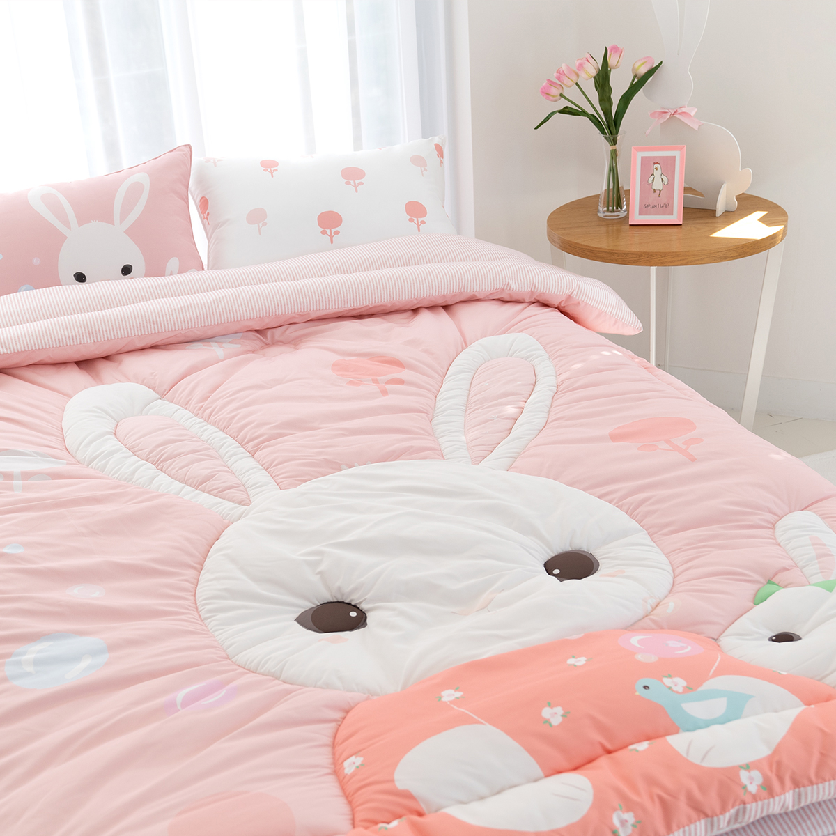 키덜트 취향저격 먼지없는 간절기 알러지케어 차렵이불 베개세트 에이미 핑크 (토끼), S.SS(싱글.슈퍼싱글겸용)