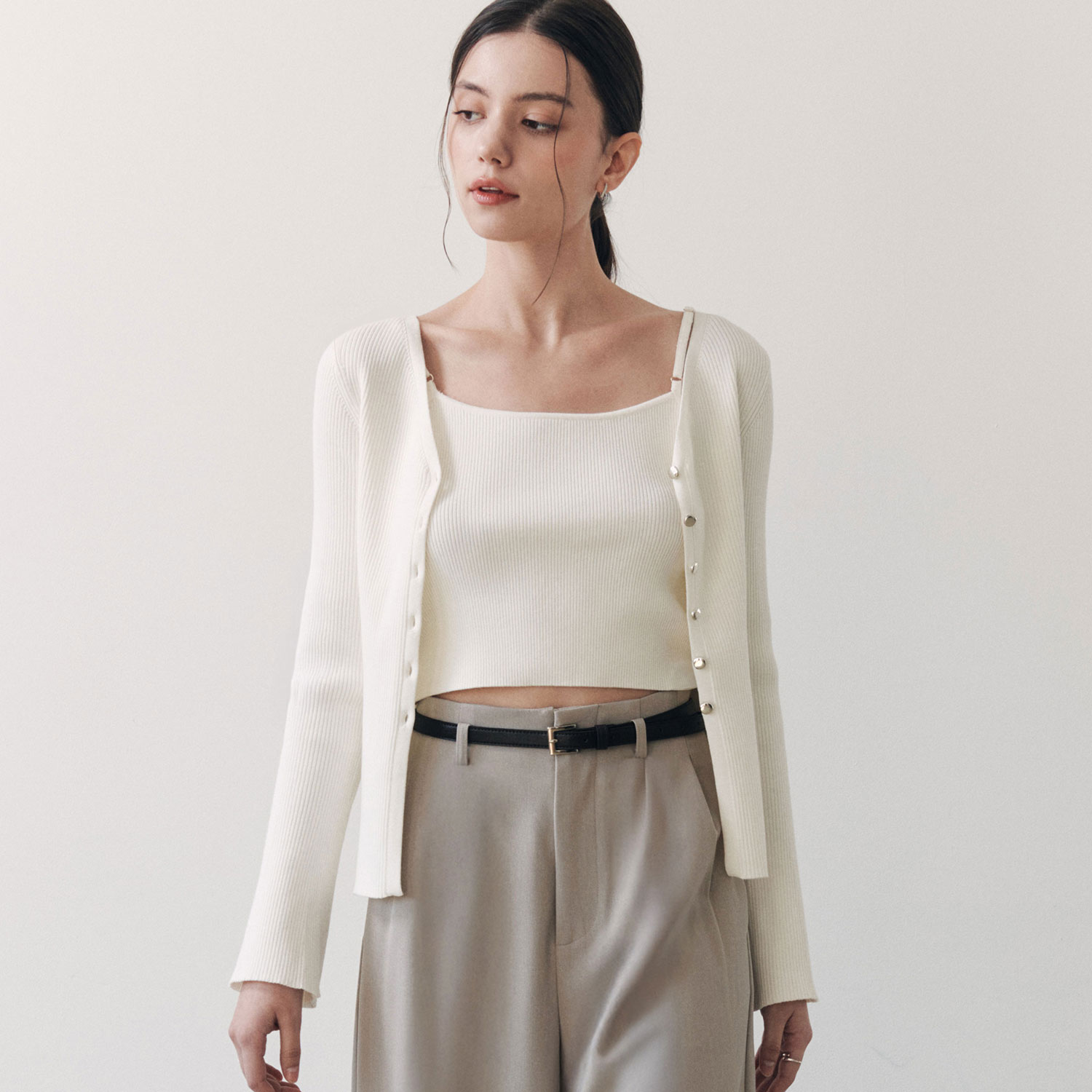 [제로스트릿]골지 나시 & 가디건 니트 세트 RIBBED SLEEVELESS CARDIGAN SET / IVORY - 상세 이미지 2