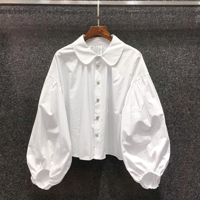 화이트블라우스 루즈핏 벌룬 퍼프소매 단추장식 심플 데일리 여성스러운블라우스 - 상품 이미지