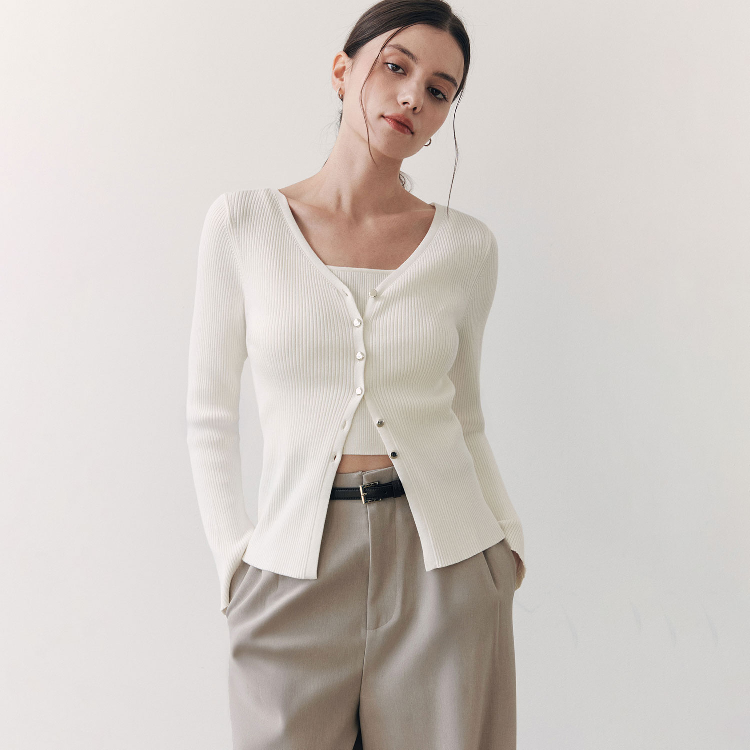 [제로스트릿]골지 나시 & 가디건 니트 세트 RIBBED SLEEVELESS CARDIGAN SET / IVORY