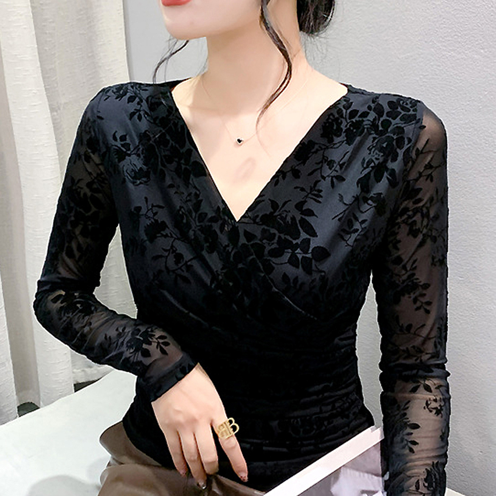 라인댄스복 라인댄스 상의 옷 로즈시스루탑 스포츠댄스복 - 상품 이미지